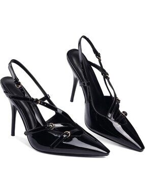 Women Black Slingback Kitten Pointed Closed Toe Pump High Stiletto Heel
